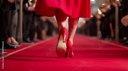 Woman in Red Dress and High Heels Walking Down the Red Carpet at a Glamorous Event
