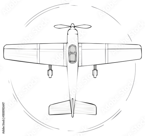 Monochrome Airplane Design Graphic Top View with Propeller and Landing Gear