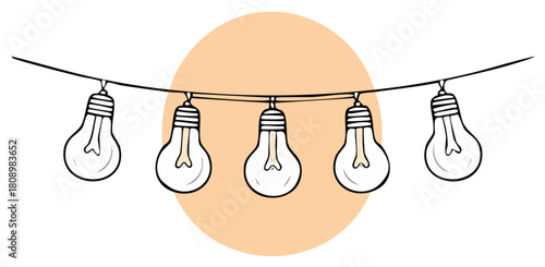 Hand drawn string lights with five lightbulbs on a soft background for decoration