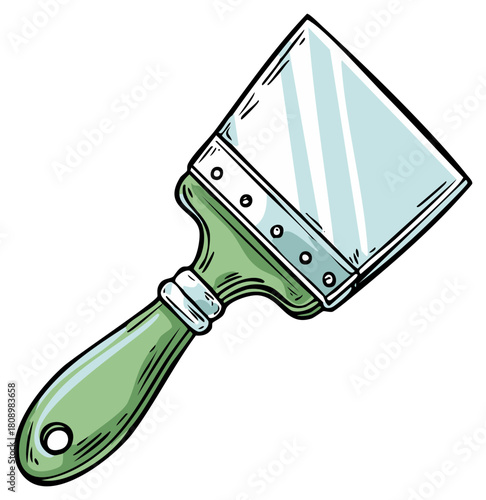 Illustrated Scraper Tool with Green Handle and Shiny Metal Blade