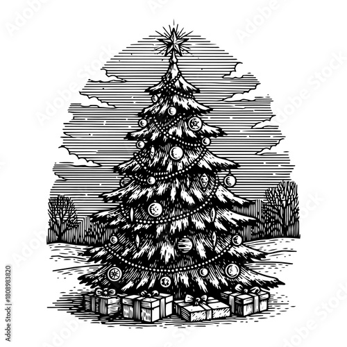 Vintage Christmas Tree with Gifts Hand Drawn Engraving Illustration