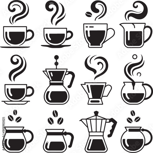 Wallpaper Mural Collection of black and white minimalist coffee icons with steam beans and brewing equipment kettle Torontodigital.ca