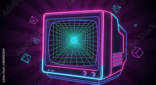 Retro wave neon tv with grid tunnel and geometric shapes in dark space background vector design