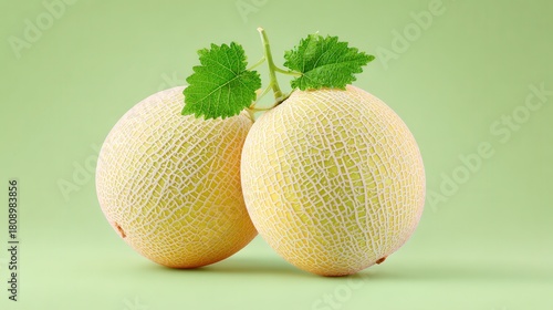 Two yellow melons with green leaves on top