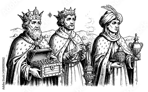 Three Wise Men Bearing Gifts for Nativity Scene in Vintage Engraving Style