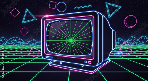 Retro wave neon tv background with geometric shapes and grid landscape for synthwave design art