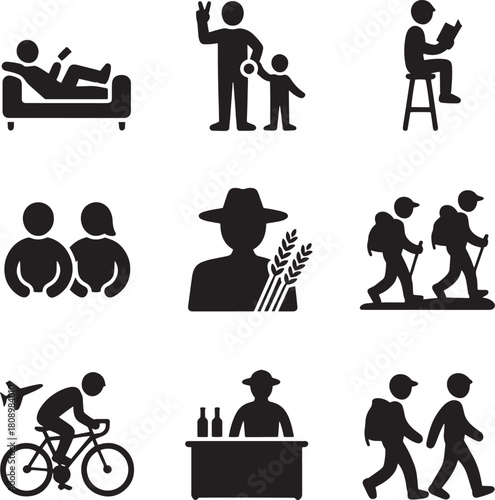 Collection of nine black and white minimalist icons depicting human activities and professions