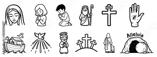 Set of Christian Religious Icons Including Jesus Mary Prayer and Bible Symbols in Line Art Style