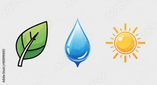 Illustration of nature elements leaf water drop and sun for environment and ecology concept design use vector
