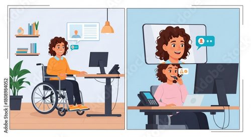 Remote work accessibility for disabled woman in wheelchair using video call technology at desk job online