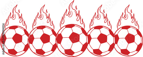 Five classic black and white soccer balls with stylized red flames erupting from the top in a dynamic and energetic sports illustration