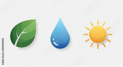 Illustration of nature elements: leaf, water drop and sun for environmental concept design icon set