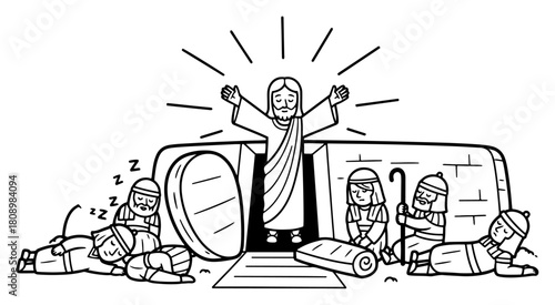 Scene of Jesus Resurrection from the Tomb with Sleeping Soldiers and Women in Coloring Book Style