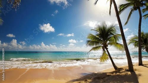 Tropical Paradise Beach with Palm Tree and Clear Blue Ocean Waves