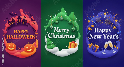 Happy halloween merry christmas and happy new year holiday celebration vector design illustration template