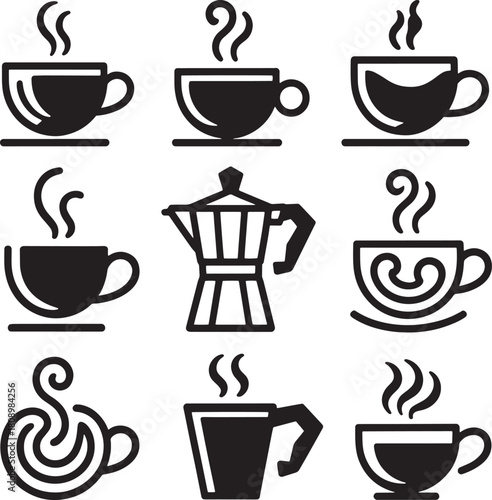 Collection of stylized black coffee cups and moka pot with steam drink beverage