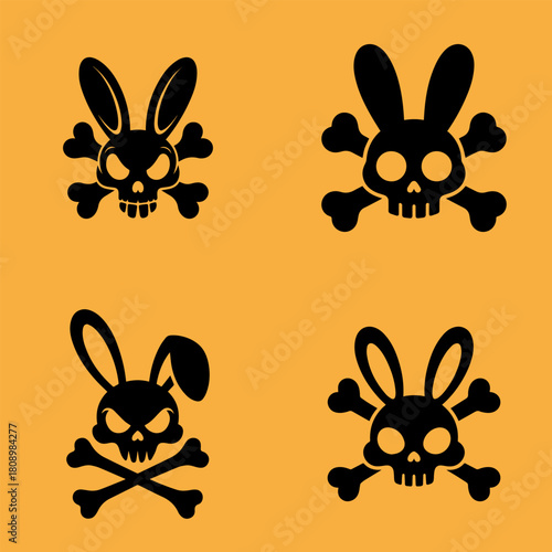 Four stylized black bunny skull and crossbones icons set against a vibrant orange background
