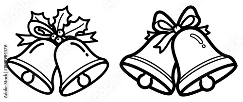 Christmas Bells with Holly and Ribbon Outline Vector Illustration