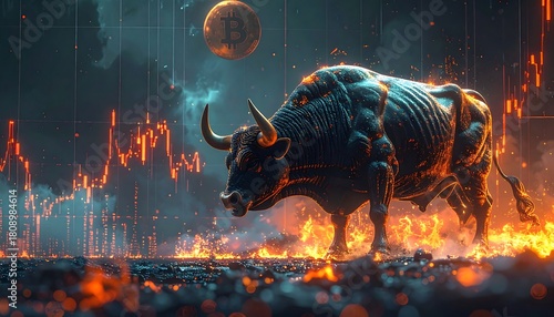 Fiery bull in a financial market scene, with a chart and golden coin in the misty background