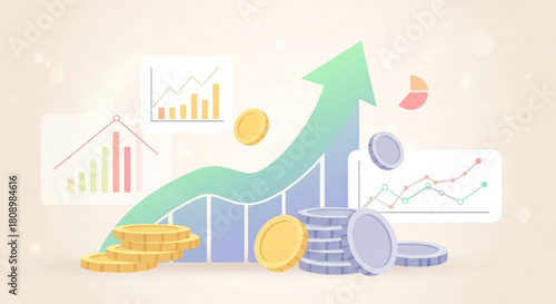 Financial growth chart with arrow and coin stack illustration for investment and business success strategy