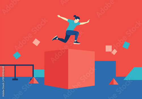 Dynamic parkour athlete urban jumping over obstacles in minimalist style