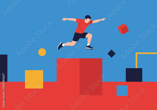 Dynamic parkour athlete in flat design on geometric background