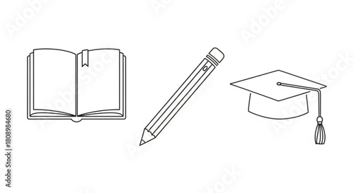 Illustration of education elements: book, pencil, graduation cap for school, college and university 100