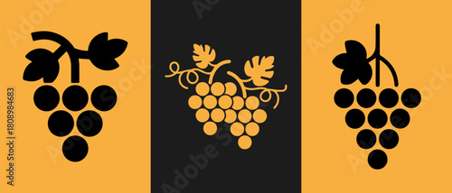 Grape clusters with leaves on a vibrant orange background divided by a dark stripe