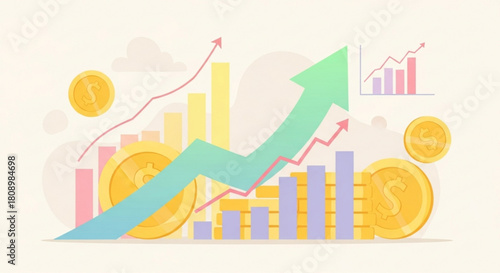 Financial growth chart with upward trend arrow and golden coins for business success and investment gains