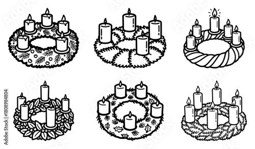 Collection of Traditional Advent Wreaths with Four Candles for Christmas Celebration