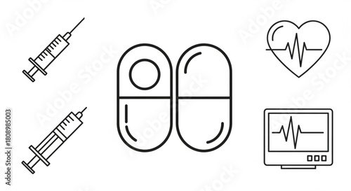 Medical healthcare line art icons: syringe, pills, heart rate, monitor, treatment, diagnosis, and wellness care