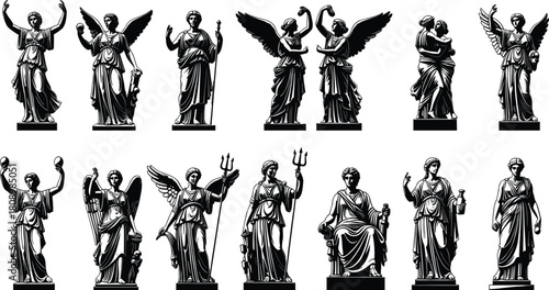 Classical Statue Silhouette Collection – Greco-Roman Figures for Mythology, Art History, Iconography, and Educational Vector Illustration Use