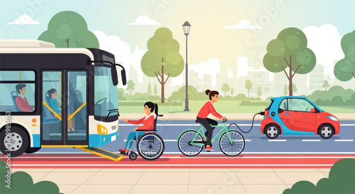 Sustainable transportation methods illustration showing electric car bus bicycle and wheelchair accessibilities