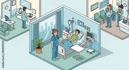 Isometric hospital scene illustration showing patient care and medical professionals working hard with dedication
