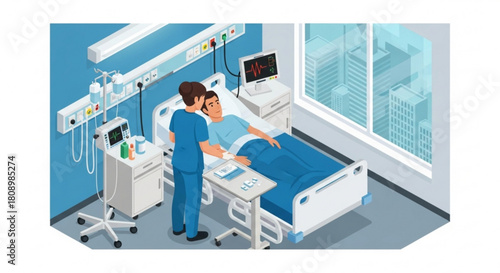 Medical care patient in hospital room nurse examining patient health checkup monitoring vital signs