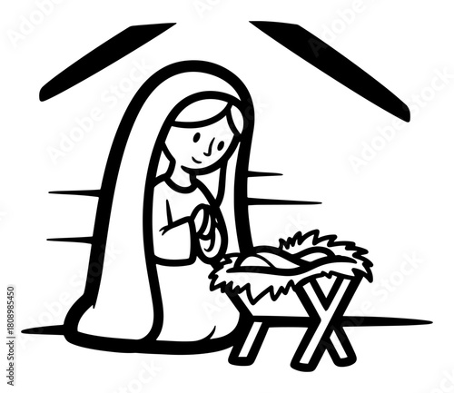 Mary and Baby Jesus in Nativity Stable Christmas Illustration