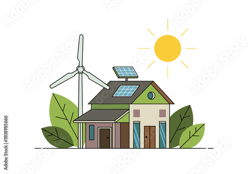 Eco-friendly house with solar panels and wind turbine in flat design