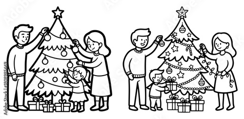 Family Decorating Christmas Tree with Children Line Art Vector Illustration