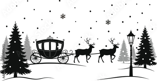 Silhouette of a horse drawn carriage with two reindeer pulling it through a snowy winter landscape with pine trees and a lamppost