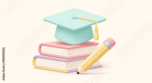 Education graduation concept with books pencil and mortarboard for learning and academic achievement success