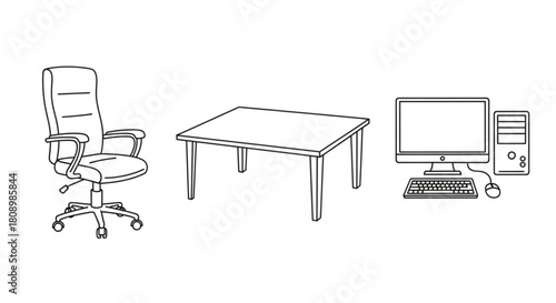Office furniture setup with ergonomic chair table and computer workstation for productivity and comfort needs
