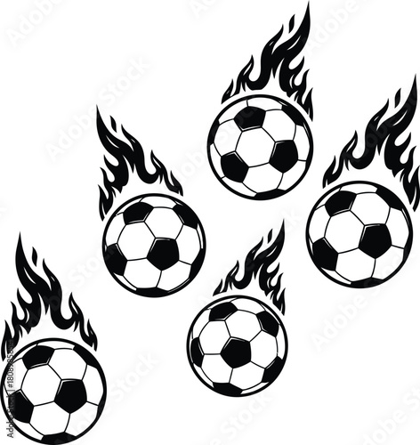 Dynamic illustration of five soccer balls with fiery flames trailing behind them creating a sense of speed and intense action on a white background
