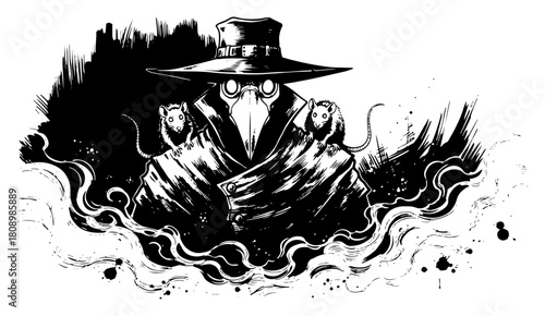 Dark Plague Doctor Character with Rats and Mysterious Smoke Vector Illustration