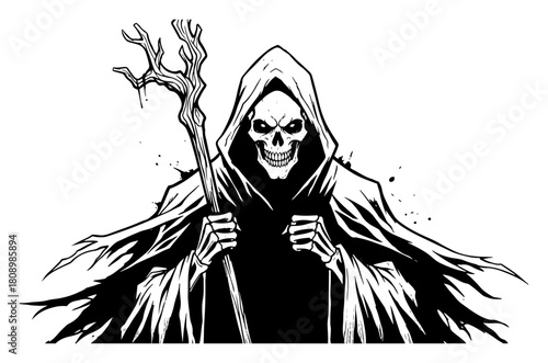 Grim Reaper with Staff Dark Fantasy Horror Illustration