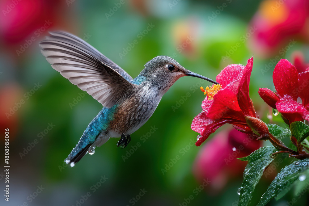 Fototapeta premium Hummingbird in Flight Nectar Feeding Red Flower Garden Bloom