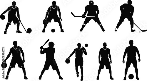 Silhouettes of athletes playing basketball, hockey, soccer, and baseball in dynamic sports poses for vector illustration content.