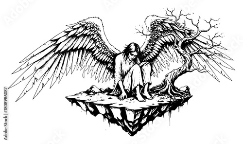 Sad Winged Angel Sitting on Floating Rock Island with Dead Tree