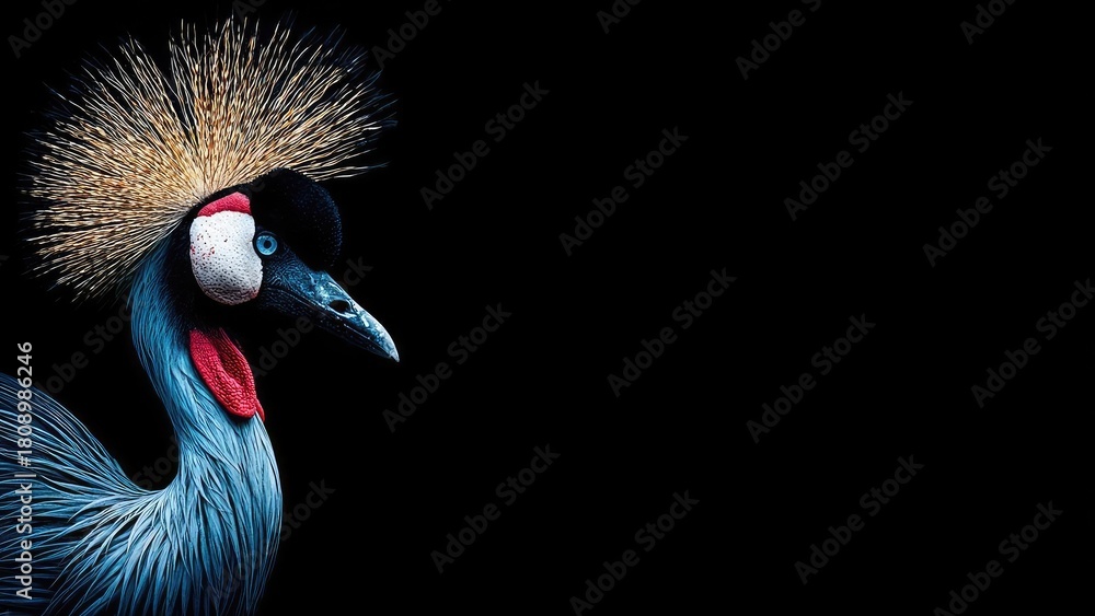 Obraz premium Close-up of a grey crowned crane with a golden crest, blue neck and red throat patch against a black background. Concept Close-up Wildlife Portrait, Grey Crowned Crane, Golden Crest Details