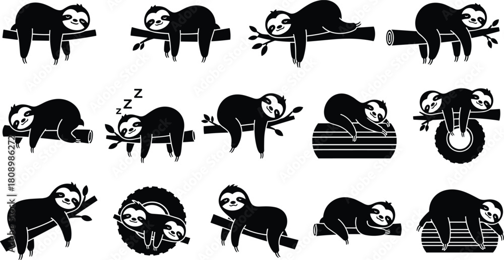 Naklejka premium Sloth Silhouette Set of Funny, Lazy, and Sleeping Animals Hanging on Tree Branches, Tropical Fauna Vector Collection.