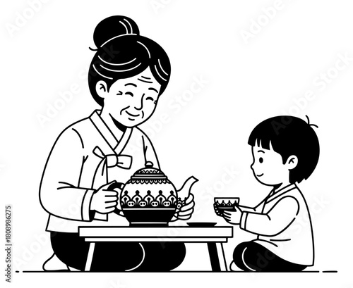 Korean Grandmother And Grandson Wearing Hanbok Drinking Tea Together Vector Illustration